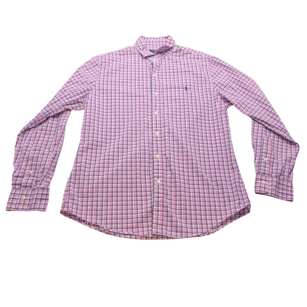 Polo Ralph Lauren Shirt Mens L Pink Blue Plaid Slim Fit Cotton Button Down